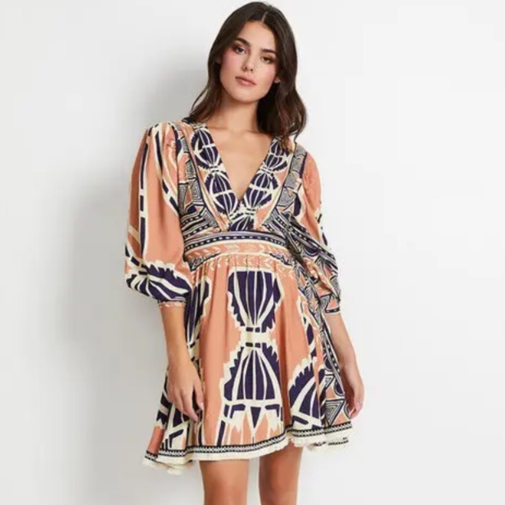 PatBO Fringe Trim Mini Dress Boho Aztec Print Puff Sleeve Deep V Fit Flare